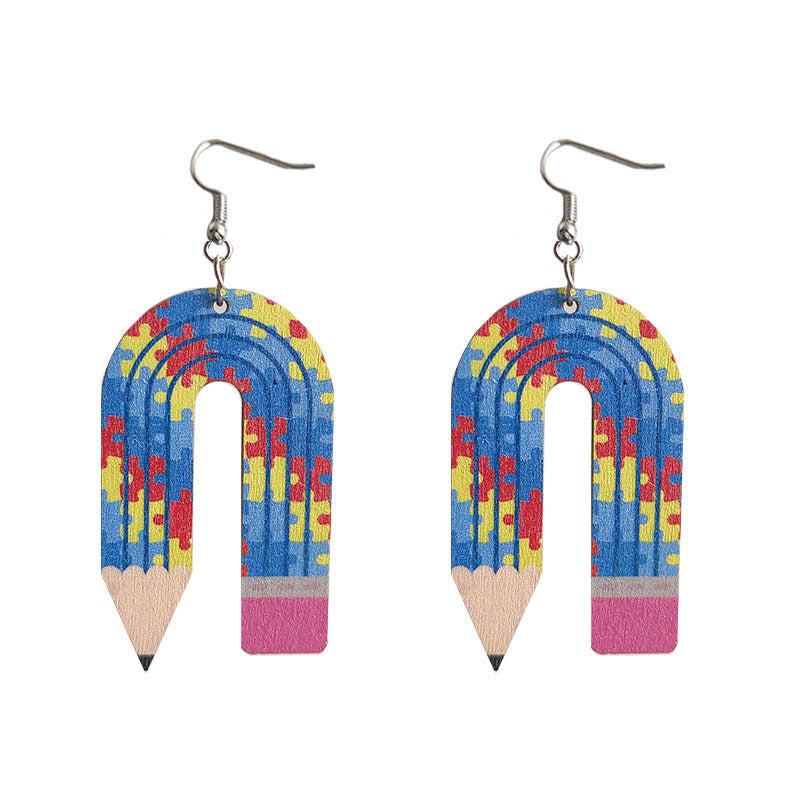 Wholesale leopard print pencil teacher wooden earrings